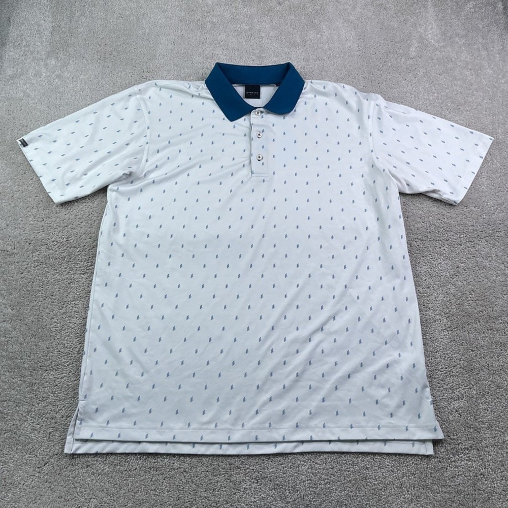 Dunning Golf Polo Shirt Mens XL White Blue Geometric Performance Tech‎ Stretch